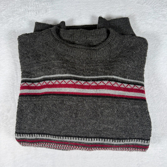Vintage Knit Jumper Fair Isle Style Grey Red Pattern