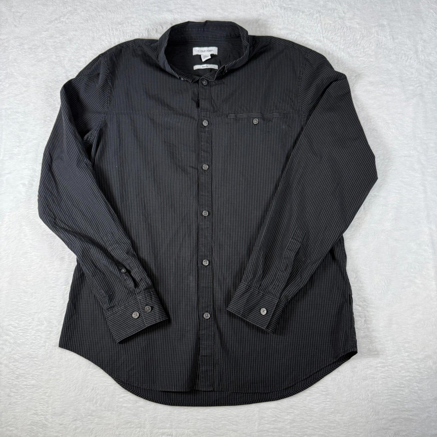 Calvin Klein Shirt Black Striped Slim Fit Men’s Large Long Sleeve - Good