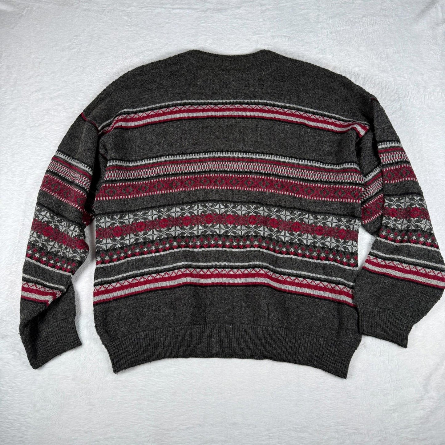 Vintage Knit Jumper Fair Isle Style Grey Red Pattern