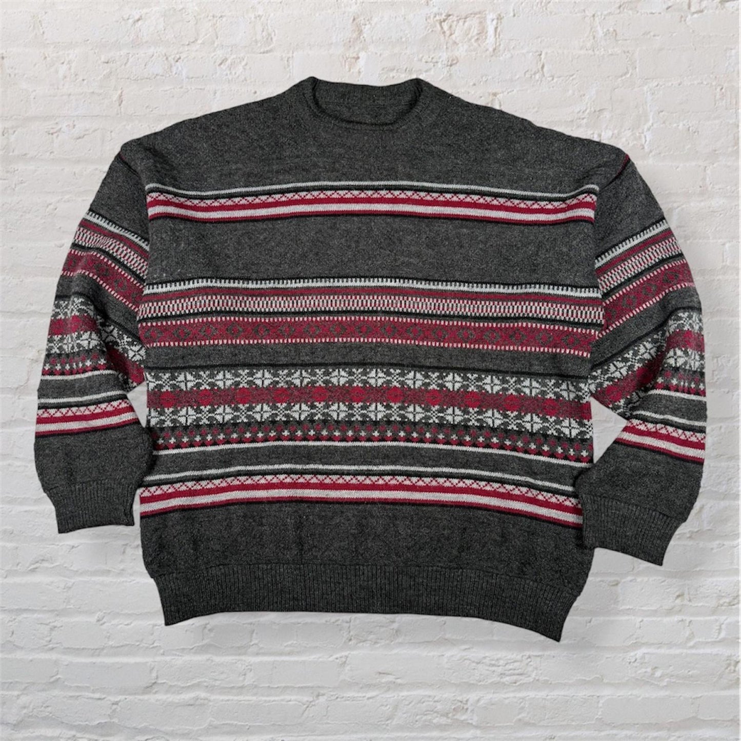 Vintage Knit Jumper Fair Isle Style Grey Red Pattern