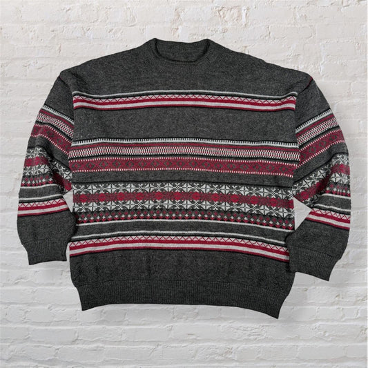 Vintage Knit Jumper Fair Isle Style Grey Red Pattern